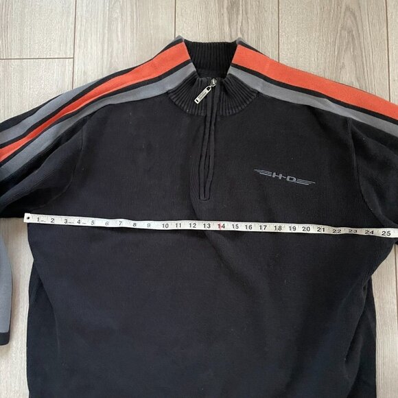 Harley Davidson Men Quarter Zip Mock Neck Sweater Three Stripe Black and Orange - Picture 7 of 11